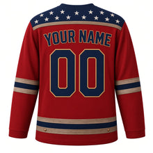 Load image into Gallery viewer, USA Patriotic Barn Star Americana Hockey Jersey in Barnwood Red, back view with your name and number – weathered barn-wood planks in red with small white stars yoke with matching sleeve and hem bands