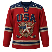 Load image into Gallery viewer, USA Patriotic Barn Star Americana Hockey Jersey in Barnwood Red, front view – rustic stars and stripes barn star on red barn boards, custom name and number