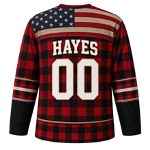 Load image into Gallery viewer, USA Patriotic Buffalo Plaid Lumberjack Flag Hockey Jersey in Ember Black, back view with your name and number – a distressed flag yoke of weathered red and white stripes with a navy star field yoke with matching sleeve and hem bands