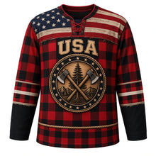 Load image into Gallery viewer, USA Patriotic Buffalo Plaid Lumberjack Flag Hockey Jersey in Ember Black, front view – buffalo-check flannel plaid with a distressed American flag yoke, custom name and number