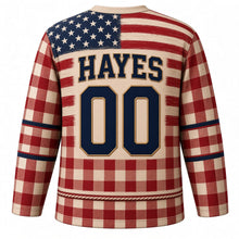 Load image into Gallery viewer, USA Patriotic Buffalo Plaid Lumberjack Flag Hockey Jersey in Birchbark Cream, back view with your name and number – a distressed flag yoke of weathered red and white stripes with a navy star field yoke with matching sleeve and hem bands
