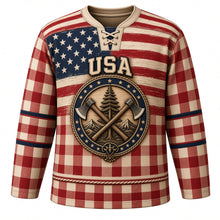 Load image into Gallery viewer, USA Patriotic Buffalo Plaid Lumberjack Flag Hockey Jersey in Birchbark Cream, front view – buffalo-check flannel plaid with a distressed American flag yoke, custom name and number