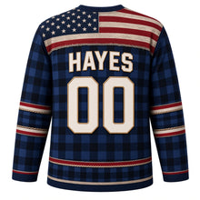 Load image into Gallery viewer, USA Patriotic Buffalo Plaid Lumberjack Flag Hockey Jersey in Backwoods Navy, back view with your name and number – a distressed flag yoke of weathered red and white stripes with a navy star field yoke with matching sleeve and hem bands
