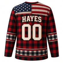 Load image into Gallery viewer, USA Patriotic Buffalo Plaid Lumberjack Flag Hockey Jersey in Lumberjack Red, back view with your name and number – red-and-black buffalo check under a distressed flag yoke, cream check sleeve and hem bands
