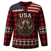 Load image into Gallery viewer, USA Patriotic Buffalo Plaid Lumberjack Flag Hockey Jersey in Lumberjack Red, front view – red-and-black buffalo-check flannel plaid with a distressed American flag yoke and crossed-axe pine crest, custom name and number