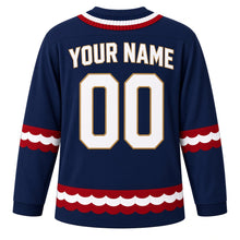 Load image into Gallery viewer, USA Patriotic Bunting Banner Heritage Hockey Jersey in Parade Navy, back view with your name and number – a scalloped row of red, white and blue pleated bunting yoke with matching sleeve and hem bands