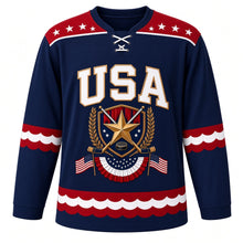 Load image into Gallery viewer, USA Patriotic Bunting Banner Heritage Hockey Jersey in Parade Navy, front view – red, white and blue fan bunting with a gold star stick crest, custom name and number