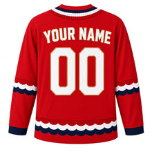 Load image into Gallery viewer, USA Patriotic Bunting Banner Heritage Hockey Jersey in Parade Red, back view with your name and number – a scalloped row of red, white and blue pleated bunting yoke with matching sleeve and hem bands
