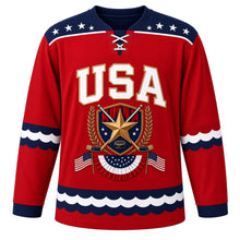 Load image into Gallery viewer, USA Patriotic Bunting Banner Heritage Hockey Jersey in Parade Red, front view – red, white and blue fan bunting with a gold star stick crest, custom name and number