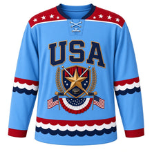 Load image into Gallery viewer, USA Patriotic Bunting Banner Heritage Hockey Jersey in Parade Sky, front view – red, white and blue fan bunting with a gold star stick crest, custom name and number