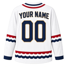 Load image into Gallery viewer, USA Patriotic Bunting Banner Heritage Hockey Jersey in Parade White, back view with your name and number – a scalloped row of red, white and blue pleated bunting yoke with matching sleeve and hem bands