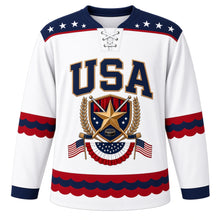 Load image into Gallery viewer, USA Patriotic Bunting Banner Heritage Hockey Jersey in Parade White, front view – red, white and blue fan bunting with a gold star stick crest, custom name and number
