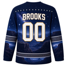 Load image into Gallery viewer, USA Patriotic Canyon Sunset Flag Hockey Jersey in Canyon Twilight Navy, back view with your name and number – midnight navy starry sky above moonlit canyon walls