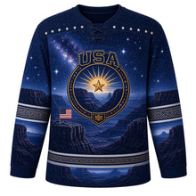 Load image into Gallery viewer, USA Patriotic Canyon Sunset Flag Hockey Jersey in Canyon Twilight Navy, front view – starry Milky Way night sky over midnight canyon silhouettes with a small flag patch, custom name and number