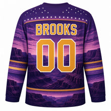 Load image into Gallery viewer, USA Patriotic Canyon Sunset Flag Hockey Jersey in Desert Dusk Violet, back view with your name and number – plum dusk sky over purple canyon walls with gold stripes