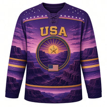 Load image into Gallery viewer, USA Patriotic Canyon Sunset Flag Hockey Jersey in Desert Dusk Violet, front view – deep violet canyon at dusk with a sunburst star crest and a small flag patch on the crest, custom name and number