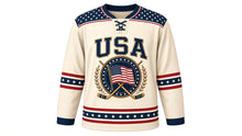 Load image into Gallery viewer, USA Patriotic Classic Stars and Stripes Heritage Hockey Jersey in Independence Cream, front view – detailed waving American flag medallion with crossed vintage sticks, star-field yoke, heritage stripes, custom name and number, custom name and number