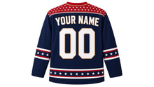 Load image into Gallery viewer, USA Patriotic Classic Stars and Stripes Heritage Hockey Jersey in Heritage Navy, back view with your name and number – star-field yoke with heritage triple sleeve stripes and flag-stripe hem band