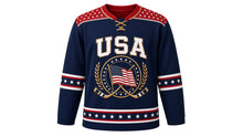 Load image into Gallery viewer, USA Patriotic Classic Stars and Stripes Heritage Hockey Jersey in Heritage Navy, front view – detailed waving American flag medallion with crossed vintage sticks, star-field yoke, heritage stripes, custom name and number, custom name and number