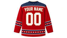 Load image into Gallery viewer, USA Patriotic Classic Stars and Stripes Heritage Hockey Jersey in Old Glory Red, back view with your name and number – star-field yoke with heritage triple sleeve stripes and flag-stripe hem band