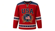 Load image into Gallery viewer, USA Patriotic Classic Stars and Stripes Heritage Hockey Jersey in Old Glory Red, front view – detailed waving American flag medallion with crossed vintage sticks, star-field yoke, heritage stripes, custom name and number, custom name and number