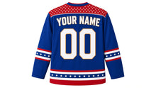 Load image into Gallery viewer, USA Patriotic Classic Stars and Stripes Heritage Hockey Jersey in Patriot Royal, back view with your name and number – star-field yoke with heritage triple sleeve stripes and flag-stripe hem band