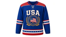 Load image into Gallery viewer, USA Patriotic Classic Stars and Stripes Heritage Hockey Jersey in Patriot Royal, front view – detailed waving American flag medallion with crossed vintage sticks, star-field yoke, heritage stripes, custom name and number, custom name and number