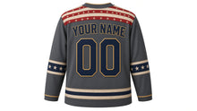 Load image into Gallery viewer, USA Patriotic Distressed Old Glory Hockey Jersey in Smoky Charcoal, back view with your name and number – distressed faded stripe yoke with worn sleeve and hem bands