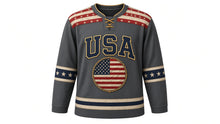 Load image into Gallery viewer, USA Patriotic Distressed Old Glory Hockey Jersey in Smoky Charcoal, front view – weathered sun-faded American flag patch with frayed edges, distressed stripe yoke, custom name and number, custom name and number