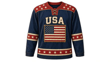 Load image into Gallery viewer, USA Patriotic Distressed Old Glory Hockey Jersey in Weathered Navy, front view – weathered sun-faded American flag patch with frayed edges, distressed stripe yoke, custom name and number, custom name and number