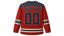 Load image into Gallery viewer, USA Patriotic Distressed Old Glory Hockey Jersey in Faded Red, back view with your name and number – distressed faded stripe yoke with worn sleeve and hem bands