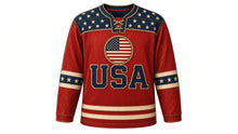 Load image into Gallery viewer, USA Patriotic Distressed Old Glory Hockey Jersey in Faded Red, front view – weathered sun-faded American flag patch with frayed edges, distressed stripe yoke, custom name and number, custom name and number