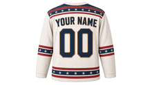 Load image into Gallery viewer, USA Patriotic Distressed Old Glory Hockey Jersey in Barn White, back view with your name and number – distressed faded stripe yoke with worn sleeve and hem bands