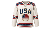 Load image into Gallery viewer, USA Patriotic Distressed Old Glory Hockey Jersey in Barn White, front view – weathered sun-faded American flag patch with frayed edges, distressed stripe yoke, custom name and number, custom name and number