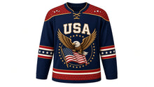 Load image into Gallery viewer, USA Patriotic Eagle and Flag Hockey Jersey in Eagle Navy, front view – spread-winged bald eagle gripping a rippling American flag, feather-pattern yoke, custom name and number, custom name and number
