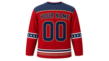 Load image into Gallery viewer, USA Patriotic Eagle and Flag Hockey Jersey in Talon Red, back view with your name and number – overlapping feather-pattern yoke with flag-stripe sleeve bands and scalloped hem band