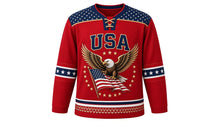 Load image into Gallery viewer, USA Patriotic Eagle and Flag Hockey Jersey in Talon Red, front view – spread-winged bald eagle gripping a rippling American flag, feather-pattern yoke, custom name and number, custom name and number