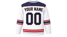 Load image into Gallery viewer, USA Patriotic Eagle and Flag Hockey Jersey in Bald Eagle White, back view with your name and number – overlapping feather-pattern yoke with flag-stripe sleeve bands and scalloped hem band