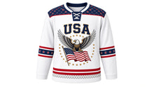 Load image into Gallery viewer, USA Patriotic Eagle and Flag Hockey Jersey in Bald Eagle White, front view – spread-winged bald eagle gripping a rippling American flag, feather-pattern yoke, custom name and number, custom name and number