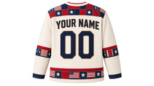 Load image into Gallery viewer, USA Patriotic Frontier Flag Patchwork Hockey Jersey in Muslin Cream, back view with your name and number – patchwork quilt-square yoke with stitched sleeve bands and patchwork hem band