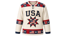 Load image into Gallery viewer, USA Patriotic Frontier Flag Patchwork Hockey Jersey in Muslin Cream, front view – stitched quilt-block star badge with small flag patch, patchwork flag-and-star yoke, custom name and number, custom name and number