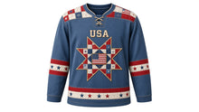 Load image into Gallery viewer, USA Patriotic Frontier Flag Patchwork Hockey Jersey in Prairie Denim, front view – stitched quilt-block star badge with small flag patch, patchwork flag-and-star yoke, custom name and number, custom name and number
