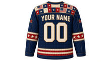 Load image into Gallery viewer, USA Patriotic Frontier Flag Patchwork Hockey Jersey in Quilt Navy, back view with your name and number – patchwork quilt-square yoke with stitched sleeve bands and patchwork hem band