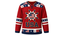 Load image into Gallery viewer, USA Patriotic Frontier Flag Patchwork Hockey Jersey in Homestead Red, front view – stitched quilt-block star badge with small flag patch, patchwork flag-and-star yoke, custom name and number, custom name and number