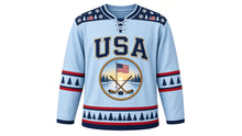 Load image into Gallery viewer, USA Patriotic Frozen Pond Sunrise Hockey Jersey in Pond Ice, front view – sunrise pond hockey badge with crossed sticks, puck, snowy pines and small American flag, snowflake yoke, custom name and number, custom name and number