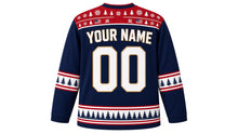 Load image into Gallery viewer, USA Patriotic Frozen Pond Sunrise Hockey Jersey in Pine Navy, back view with your name and number – snowflake, pine and small flag patterned yoke with candy-stripe sleeve bands