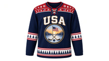 Load image into Gallery viewer, USA Patriotic Frozen Pond Sunrise Hockey Jersey in Pine Navy, front view – sunrise pond hockey badge with crossed sticks, puck, snowy pines and small American flag, snowflake yoke, custom name and number, custom name and number
