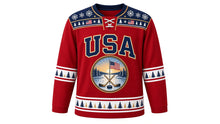 Load image into Gallery viewer, USA Patriotic Frozen Pond Sunrise Hockey Jersey in Cabin Red, front view – sunrise pond hockey badge with crossed sticks, puck, snowy pines and small American flag, snowflake yoke, custom name and number, custom name and number