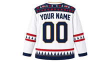 Load image into Gallery viewer, USA Patriotic Frozen Pond Sunrise Hockey Jersey in Frost White, back view with your name and number – snowflake, pine and small flag patterned yoke with candy-stripe sleeve bands