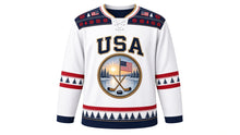 Load image into Gallery viewer, USA Patriotic Frozen Pond Sunrise Hockey Jersey in Frost White, front view – sunrise pond hockey badge with crossed sticks, puck, snowy pines and small American flag, snowflake yoke, custom name and number, custom name and number